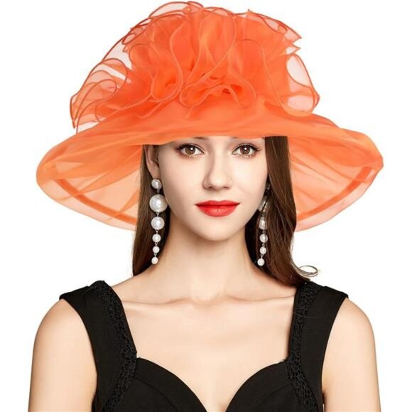 Derby Hats for Women, Classy Organza Sun Hat, Orange